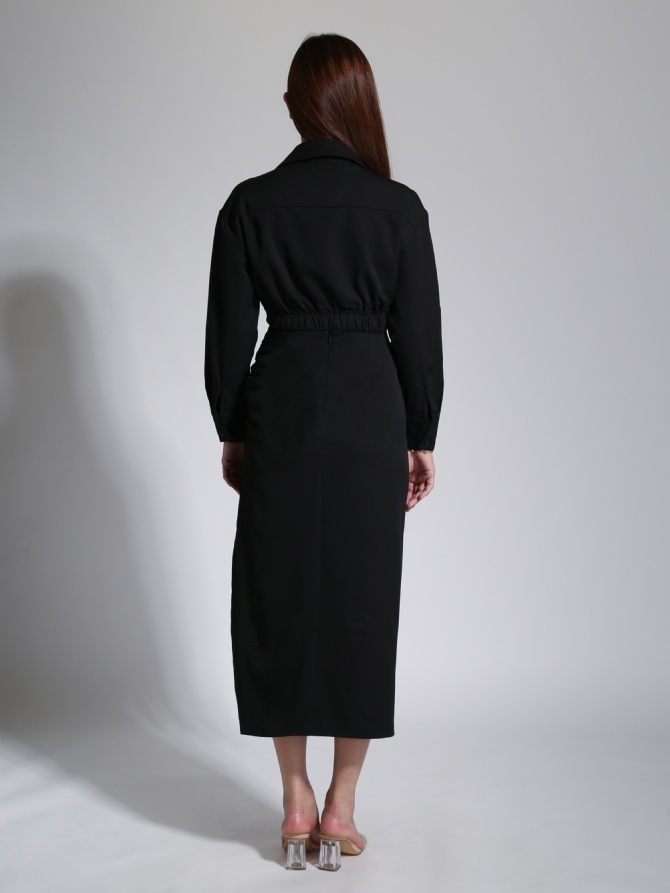 Formal Collar Long Sleeve Top With Side Pleated Skirt Set 23365