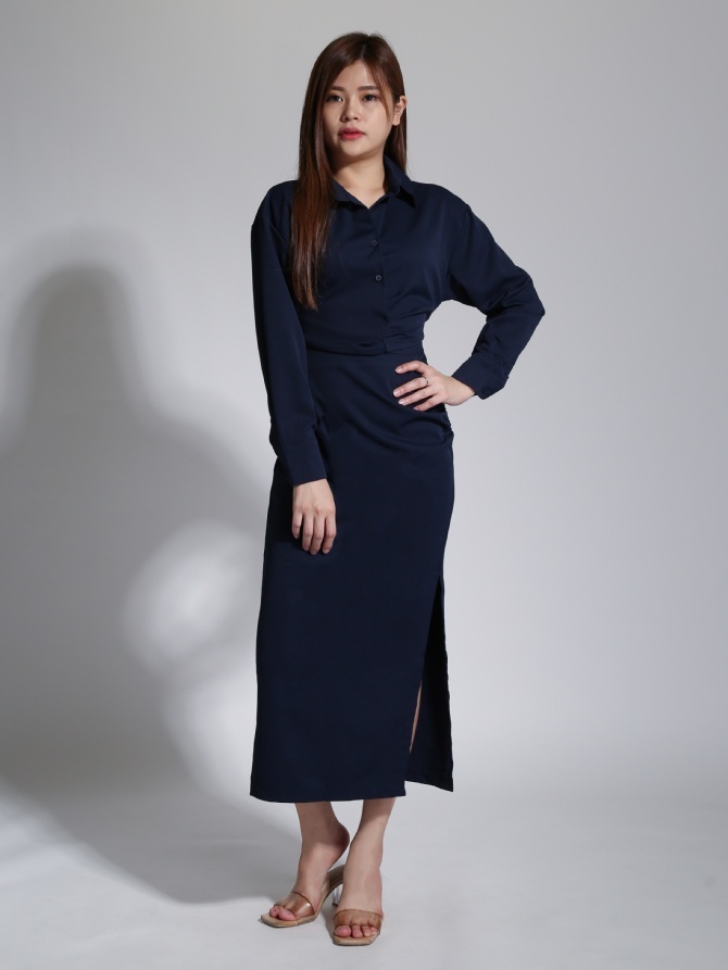 Formal Collar Long Sleeve Top With Side Pleated Skirt Set 23365