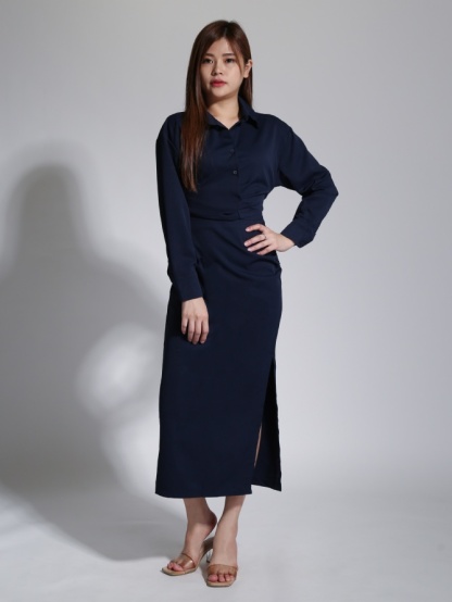 Formal Collar Long Sleeve Top With Side Pleated Skirt Set 23365