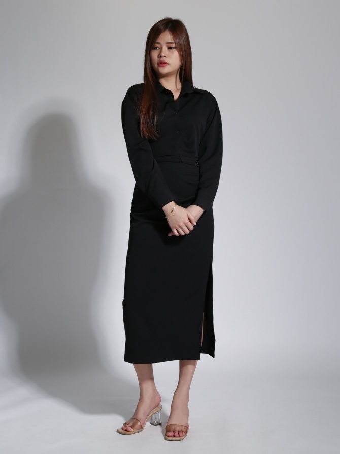 Formal Collar Long Sleeve Top With Side Pleated Skirt Set 23365