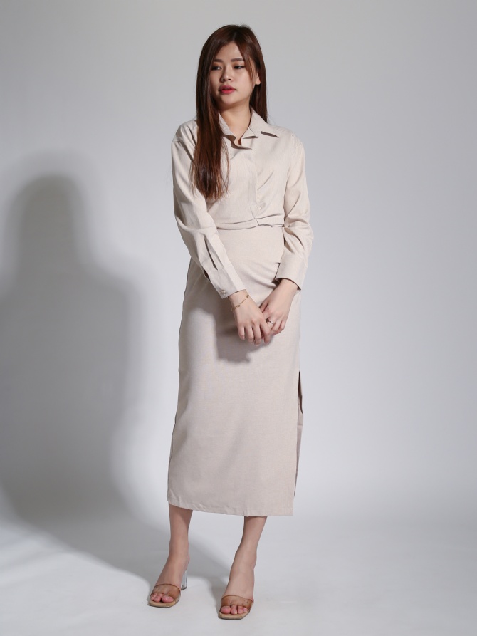 Formal Collar Long Sleeve Top With Side Pleated Skirt Set 23365