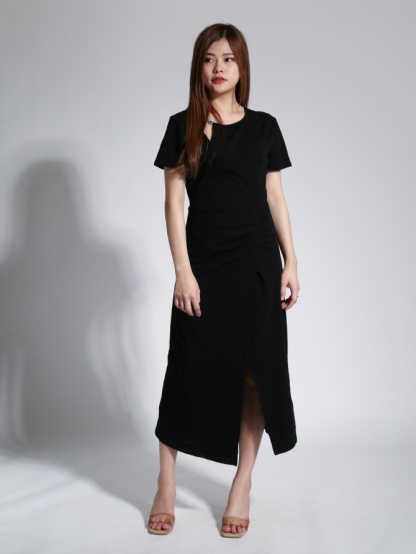 Fake Two Piece Decorative Chain With Pleated An Split Dress 23359