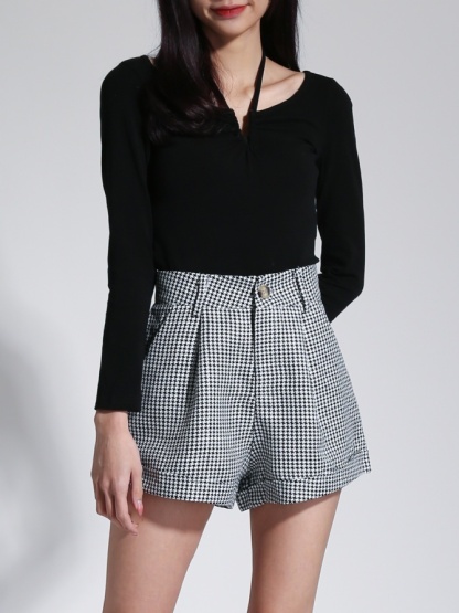 Long Sleeve Small V With Pleated With Strap Top 23333