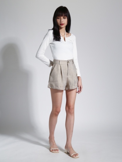 Long Sleeve Small V With Pleated With Strap Top 23333