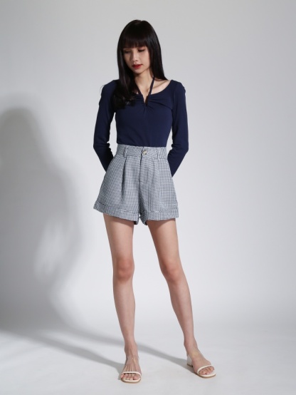 Long Sleeve Small V With Pleated With Strap Top 23333