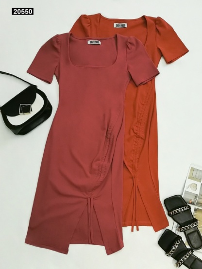 Square Neck With Side Split And Drawstring Dress 20550