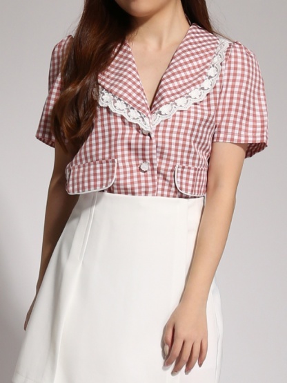 Checker Front Button Collar Top 20553