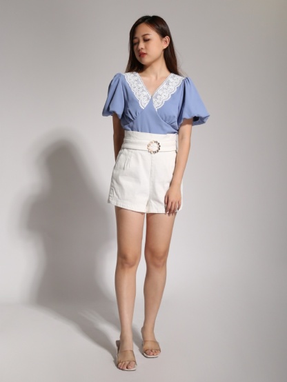 Puff Sleeve V Neck With Lace Top 20554