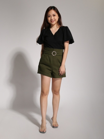 Puff Sleeve V Neck With Lace Top 20554