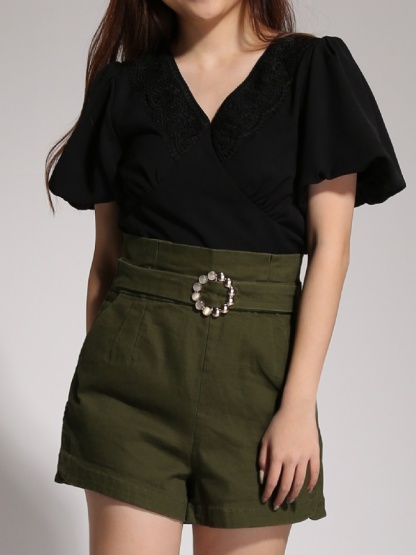 Puff Sleeve V Neck With Lace Top 20554