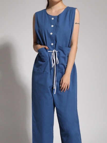 Sleeveless Front Button Waist Drawstring Jumpsuit 20563