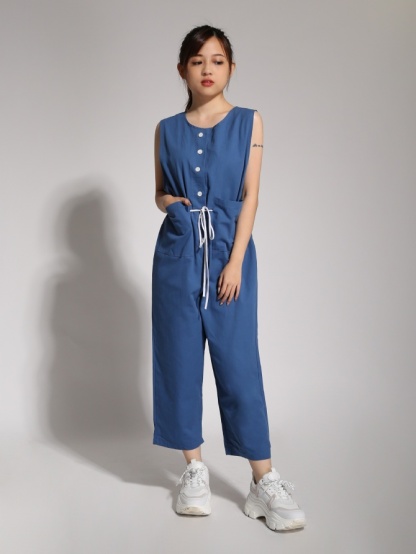 Sleeveless Front Button Waist Drawstring Jumpsuit 20563