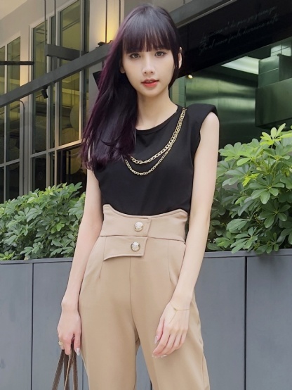 Front Decorative Button Long Pants 20336