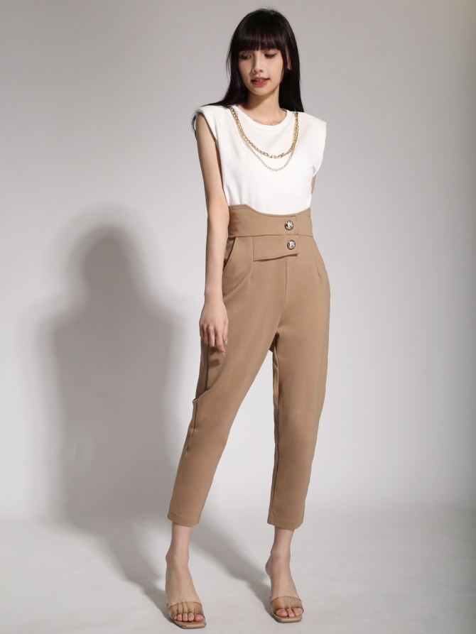 Front Decorative Button Long Pants 20336
