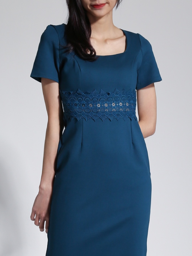 Square Neck Short Sleeve With Waist Lace Dress 23335