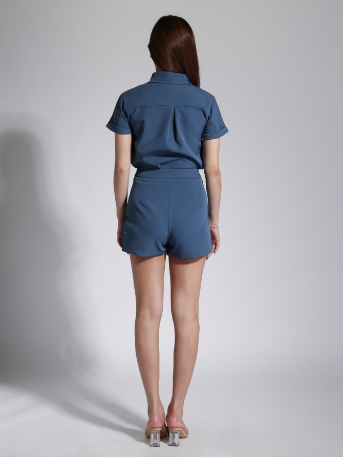 Collar Front Button Top With Short Pants Set 23338