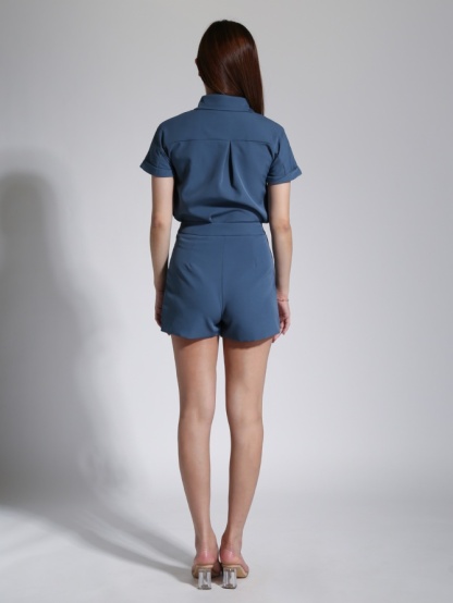 Collar Front Button Top With Short Pants Set 23338