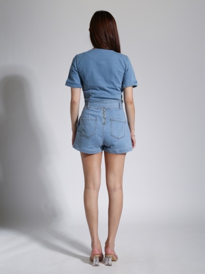 Denim Wrap V Neck Short Sleeve Top 23310