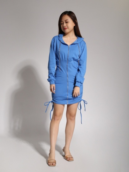 Side Drawstring With Fron Zip With Cap Dress 20844