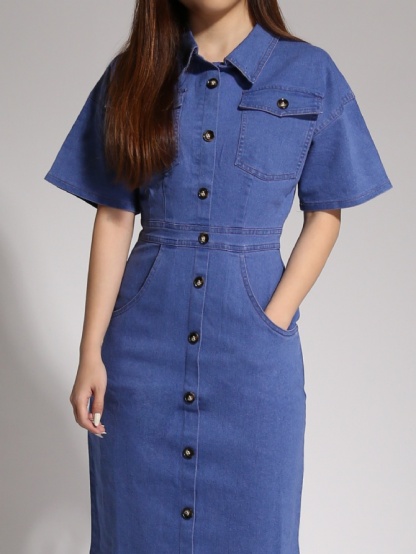 Denim Collar Front Button Dress 20861