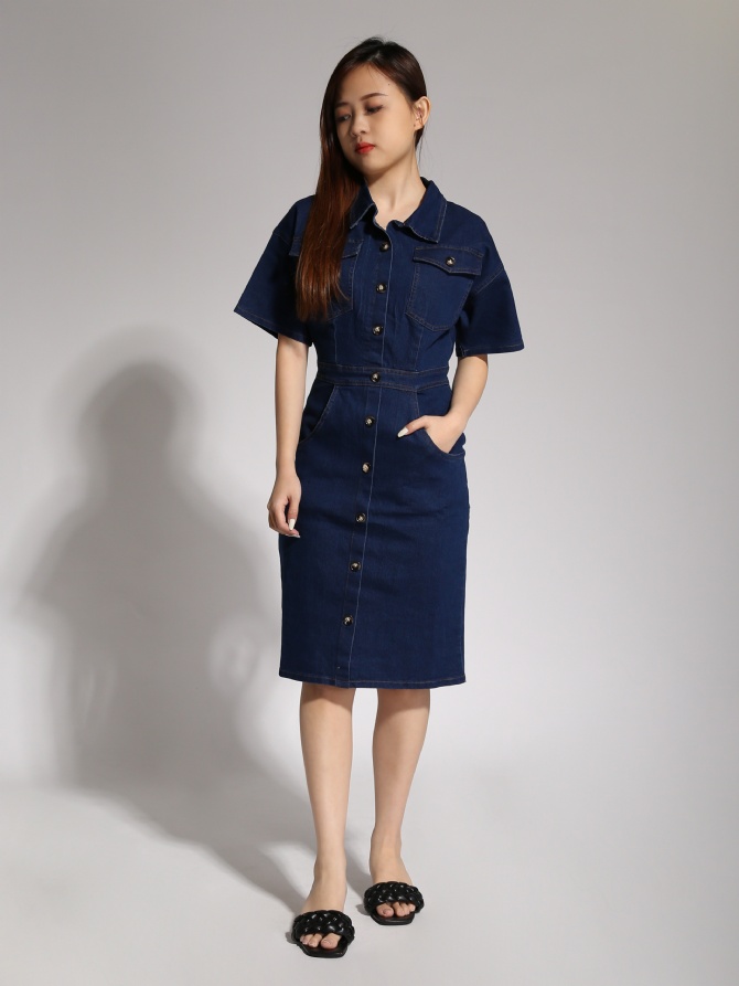 Denim Collar Front Button Dress 20861