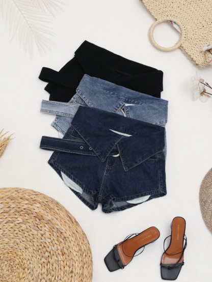 Denim Collar With Belt Short Pants 23288
