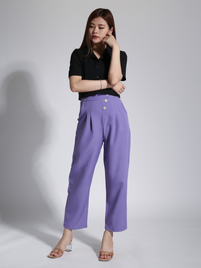 High Waist Side Breasted Button Long Pants 23278