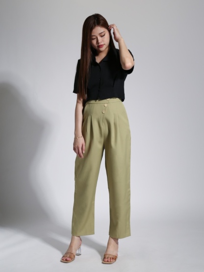 High Waist Side Breasted Button Long Pants 23278