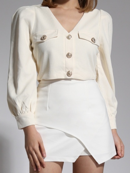 V Neck Front Button Long Sleeve Top 21382
