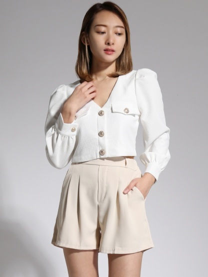 V Neck Front Button Long Sleeve Top 21382