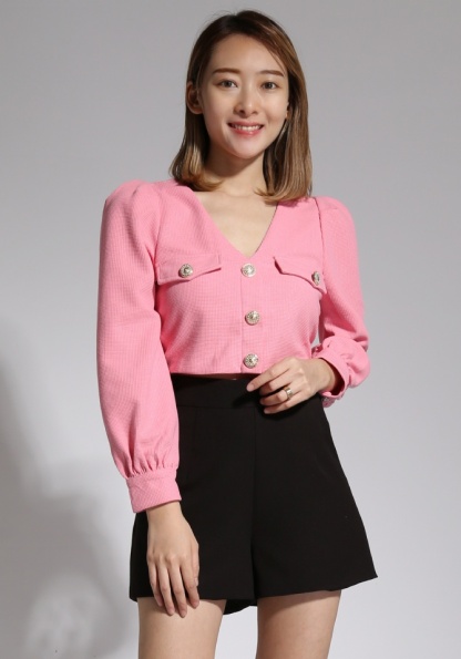 V Neck Front Button Long Sleeve Top 21382