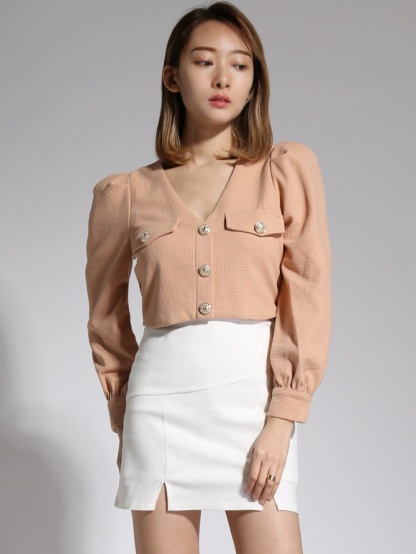 V Neck Front Button Long Sleeve Top 21382
