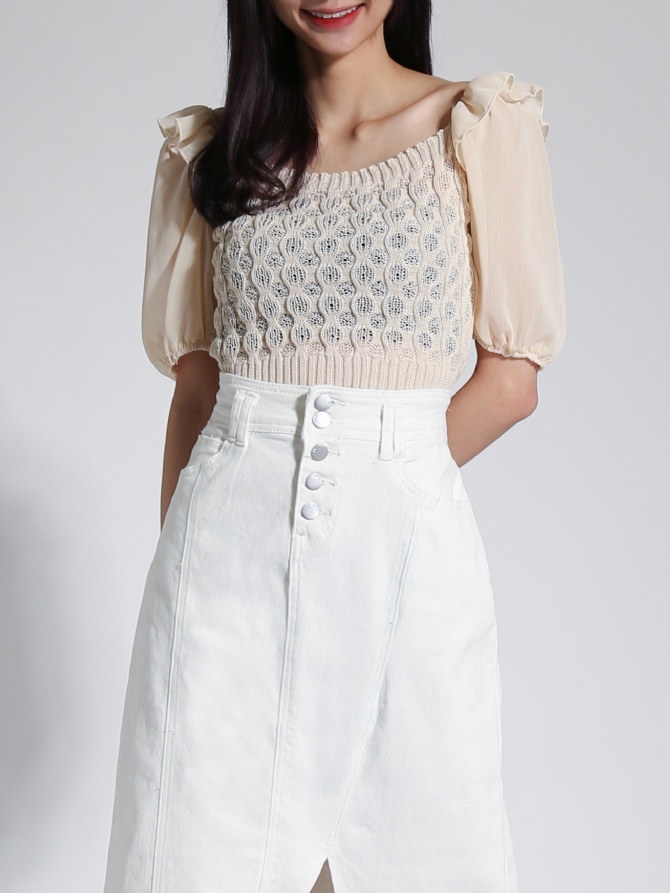 Knitted Puff Sleeve Short Sleeve Top 23237
