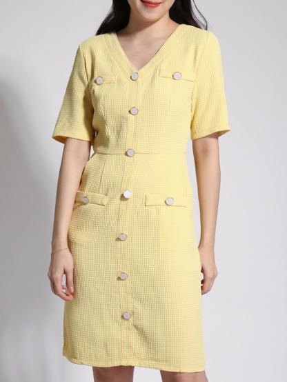 V Neck Short Sleeve Front Button Dress 23192