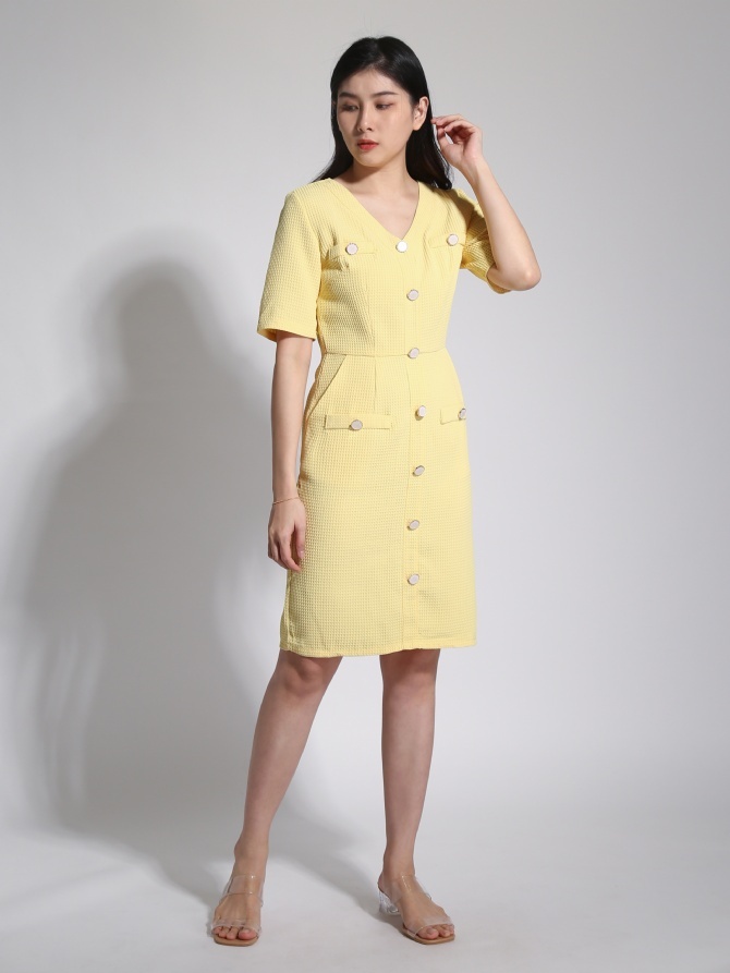 V Neck Short Sleeve Front Button Dress 23192