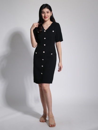 V Neck Short Sleeve Front Button Dress 23192