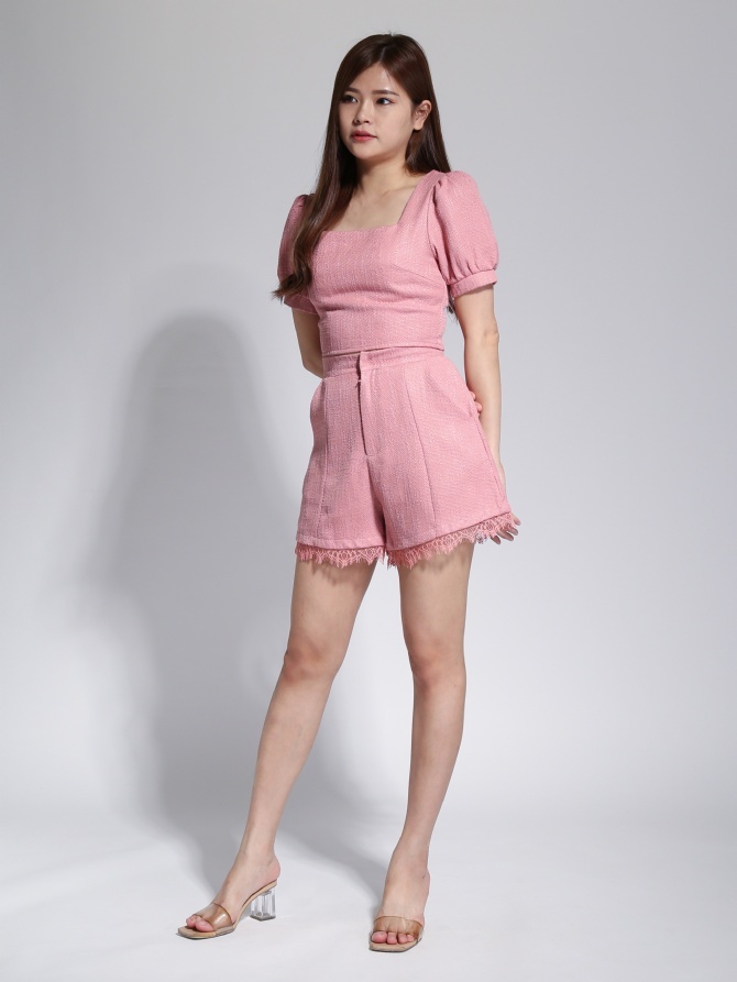 Chanel Style Puff Sleeve Crop Top With High Waist Lace Short Pants Set 23117