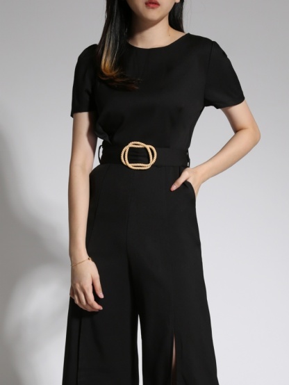 Round Neck Split Jumpsuit With Belt 21479