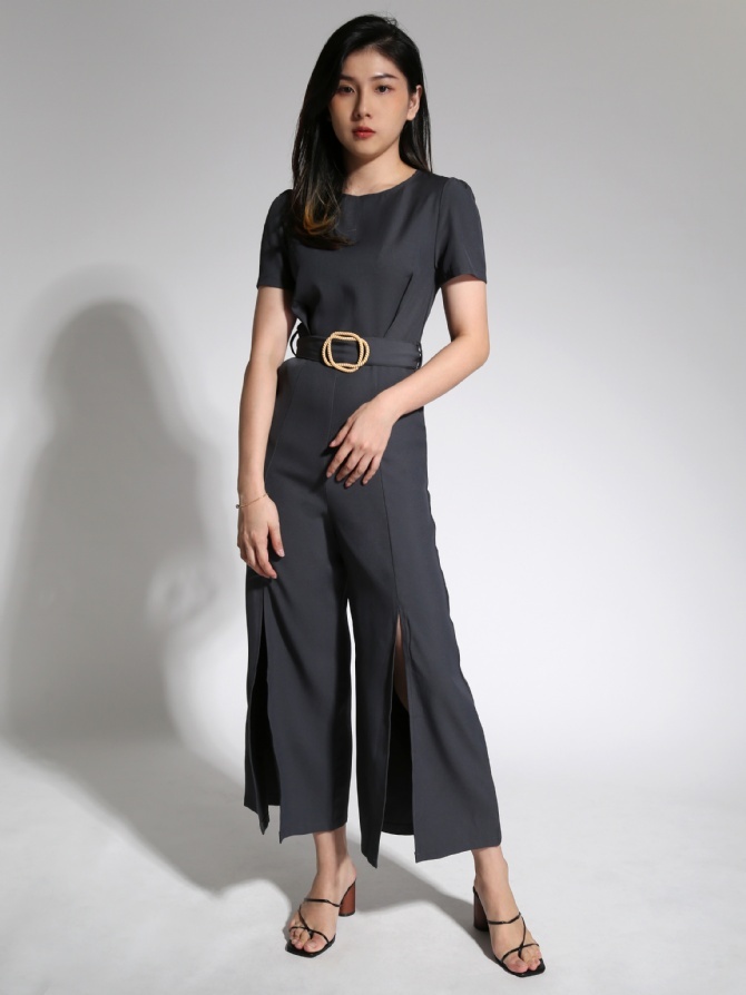 Round Neck Split Jumpsuit With Belt 21479