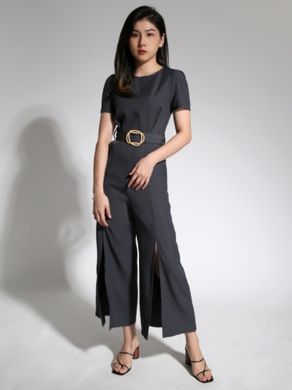 Round Neck Split Jumpsuit With Belt 21479