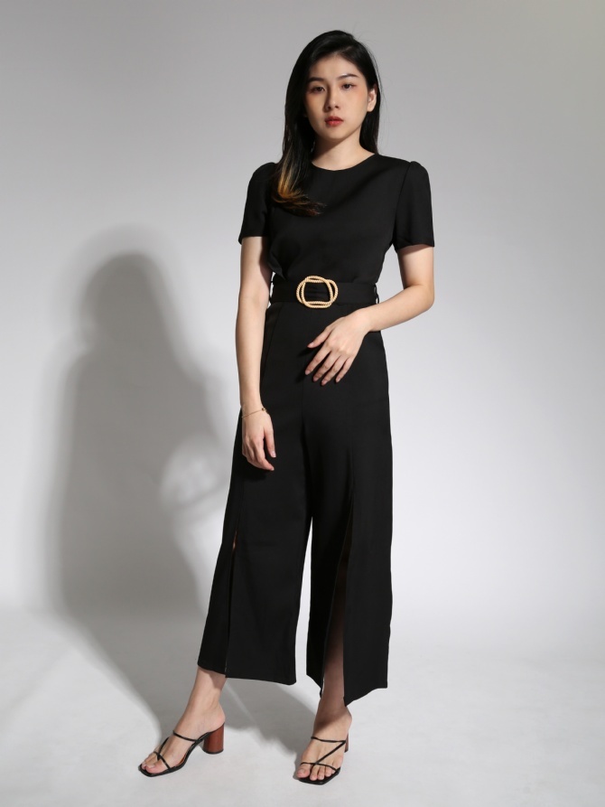 Round Neck Split Jumpsuit With Belt 21479