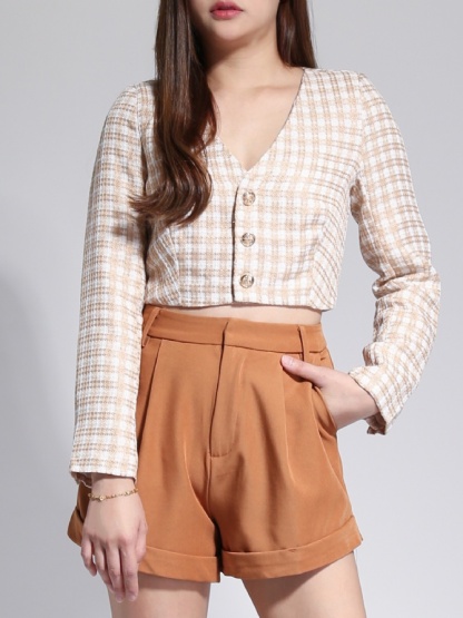 Checker V Neck Front Button Long Sleeve Top With Plain Short Pants Set 23080
