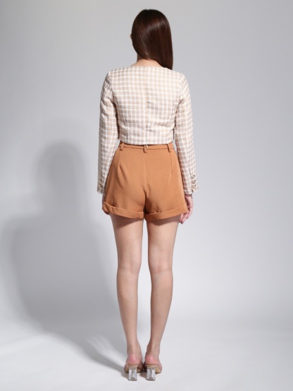 Checker V Neck Front Button Long Sleeve Top With Plain Short Pants Set 23080