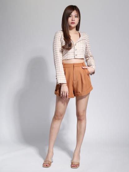 Checker V Neck Front Button Long Sleeve Top With Plain Short Pants Set 23080