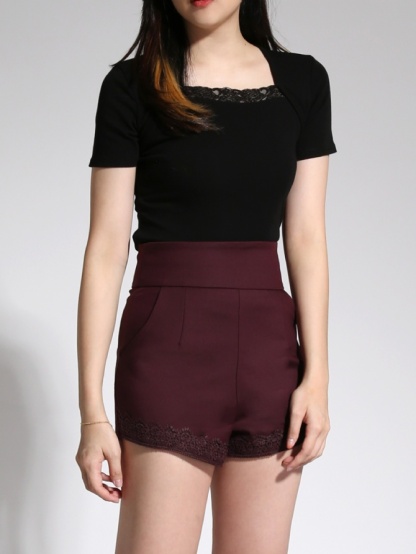 High Waist With Lace Side Pocket Short Pants 21493