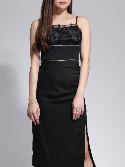 High Waist Formal Side Pleated With Split Skirt 23057