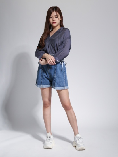 V Neck With Cap Long Sleeve Top 23023
