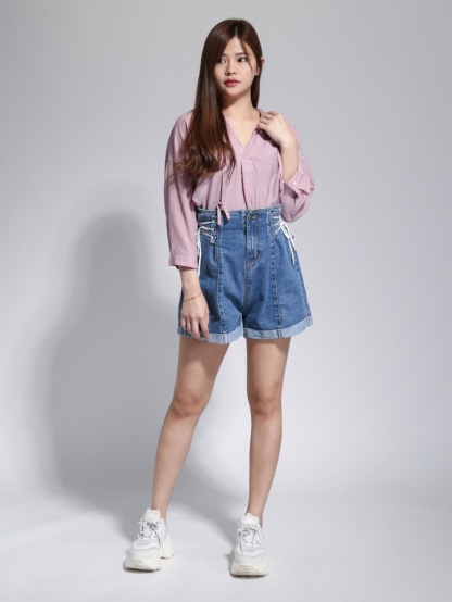 V Neck With Cap Long Sleeve Top 23023
