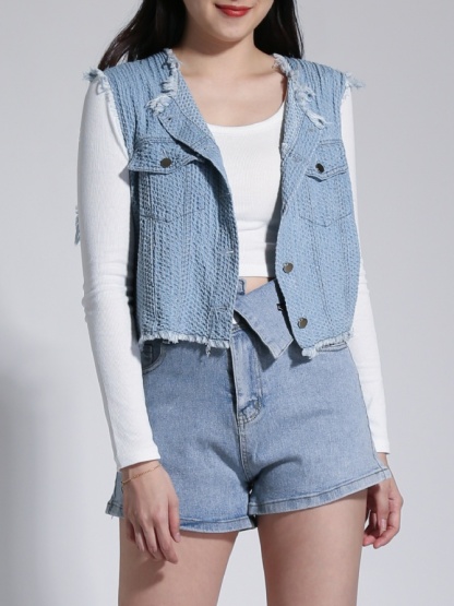 Denim Sleeveless Ripped Front Button Top 23027