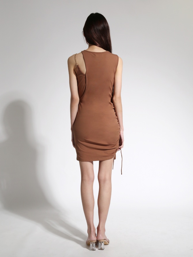 Sleeveless With Decorative Chain And Side Drawstring Dress 21499